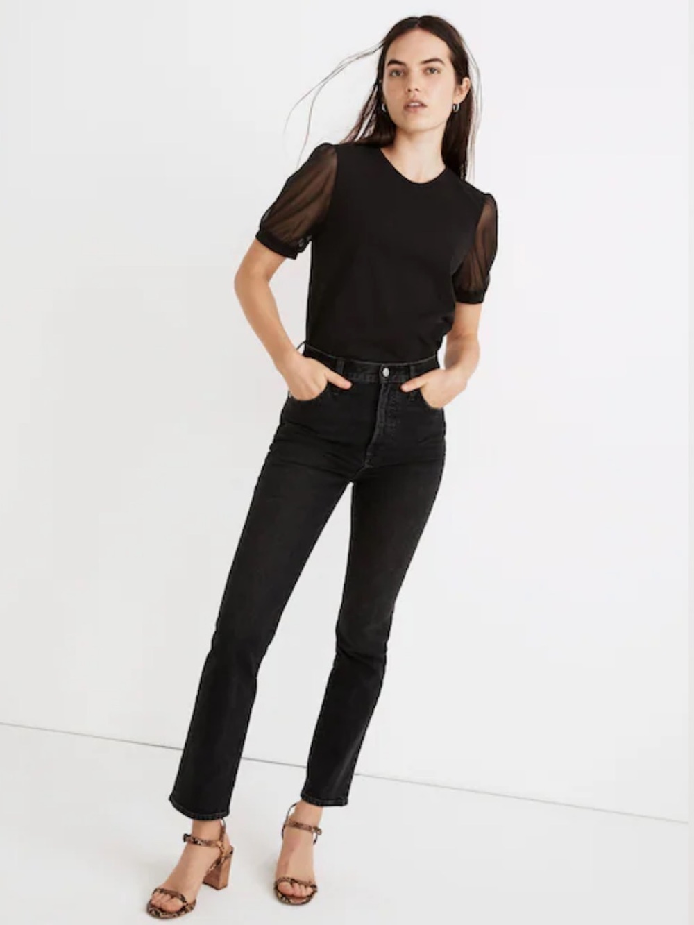 Madewell Black Tee with Sheer Puff Sleeves